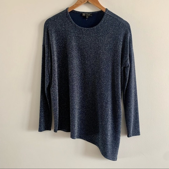 DIANE GILMAN Angled Hem Bateau Neck Top Eggplant Long Sleeve Blue Glitter - Picture 3 of 11